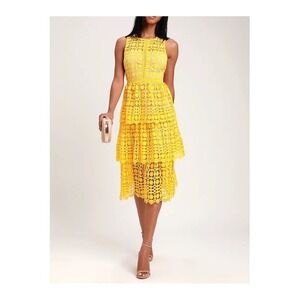 Lulus Larissa Yellow Crochet Lace Tiered Sleeveless Midi Dress Large Feminine